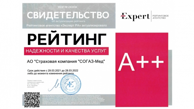 «Эксперт РА» подтвердил рейтинг страховой компании «СОГАЗ-Мед» на уровне А++