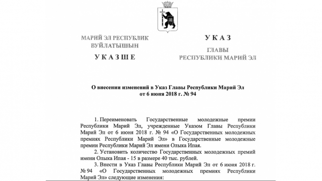 В Марий Эл учредили «Государственные молодёжные премии имени Олыка Ипая».