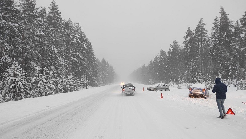 Из-за непогоды «Лада Гранта» врезалась в стоящий на обочине Volkswagen