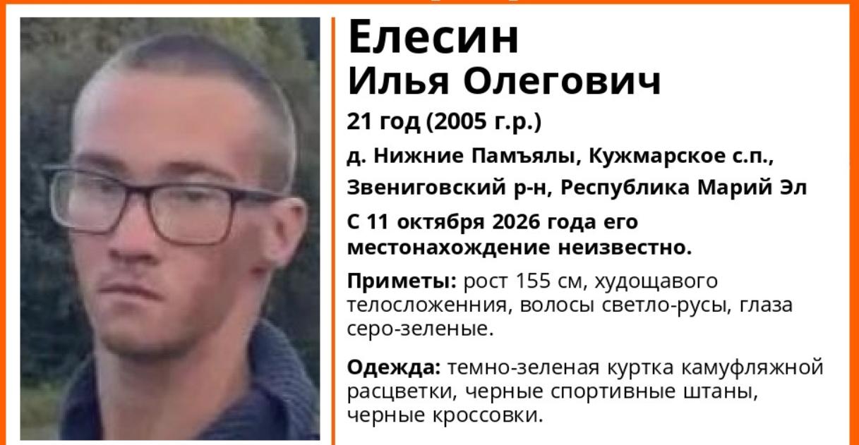 В Звениговском районе ищут 21-летнего парня в камуфляжной куртке